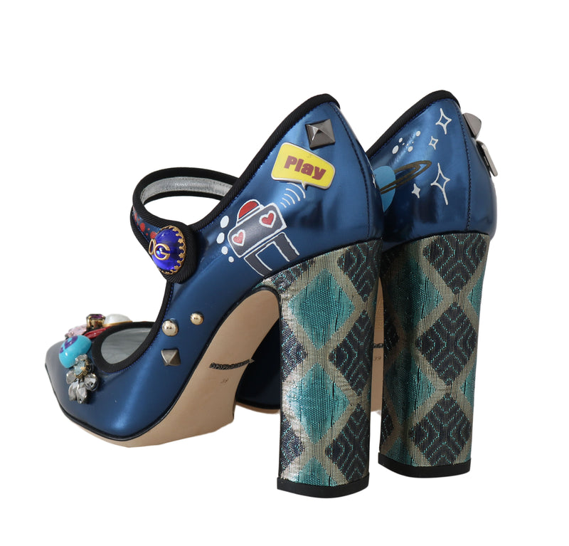 Blue Leather Crystal Mary Jane Pumps