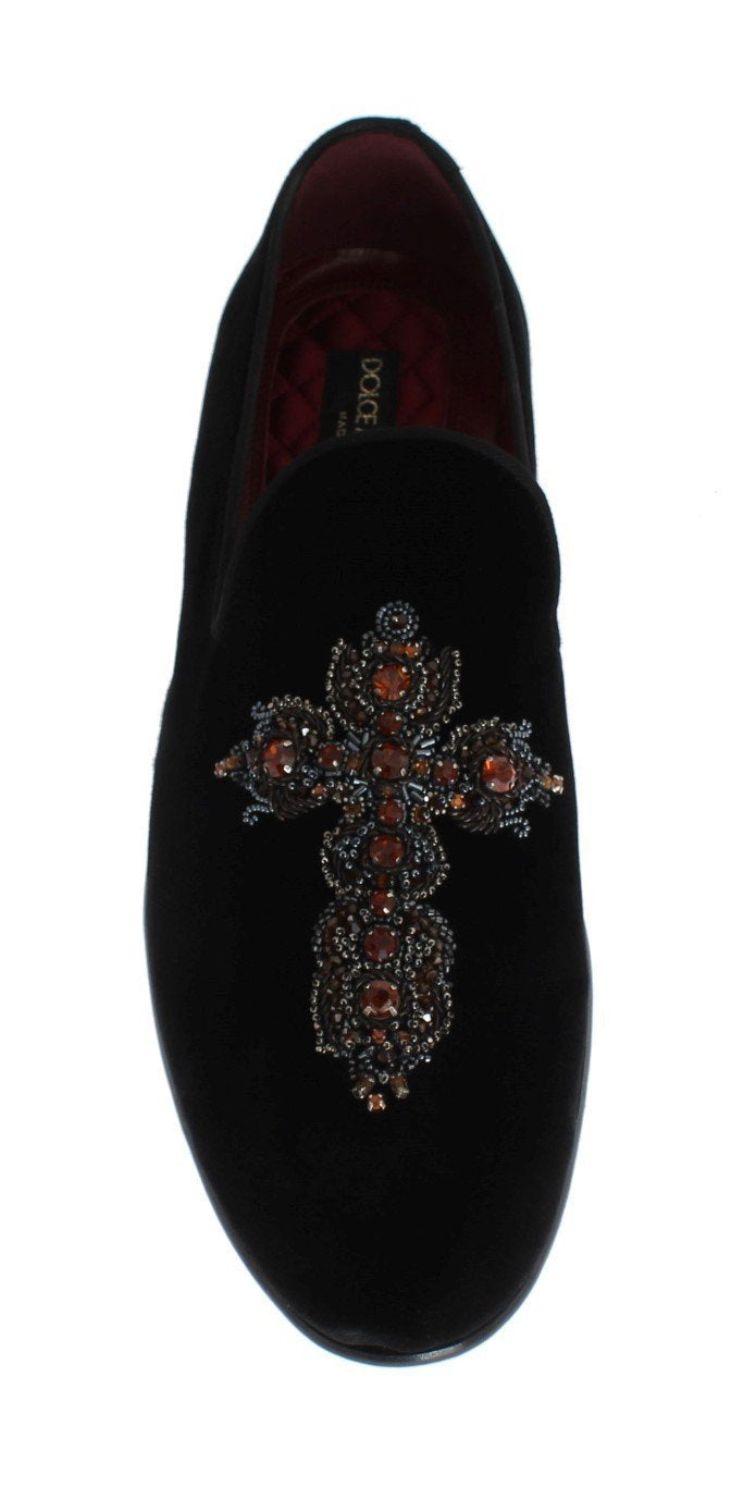 Black Velvet Crystal Cross Loafers