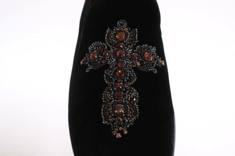 Black Velvet Crystal Cross Loafers