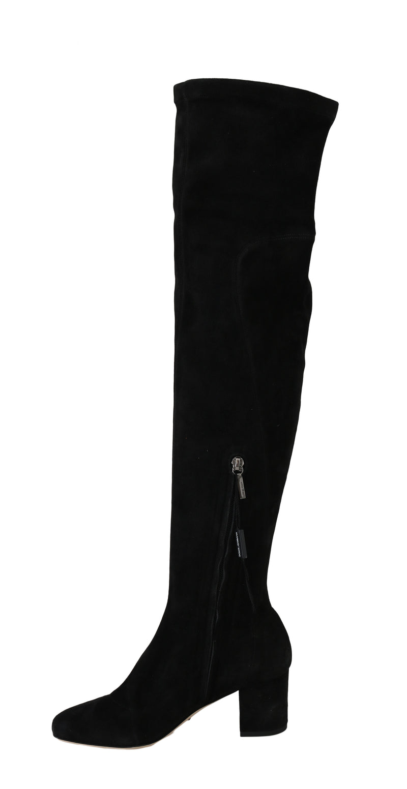 Black Suede Leather Over Knee Boots