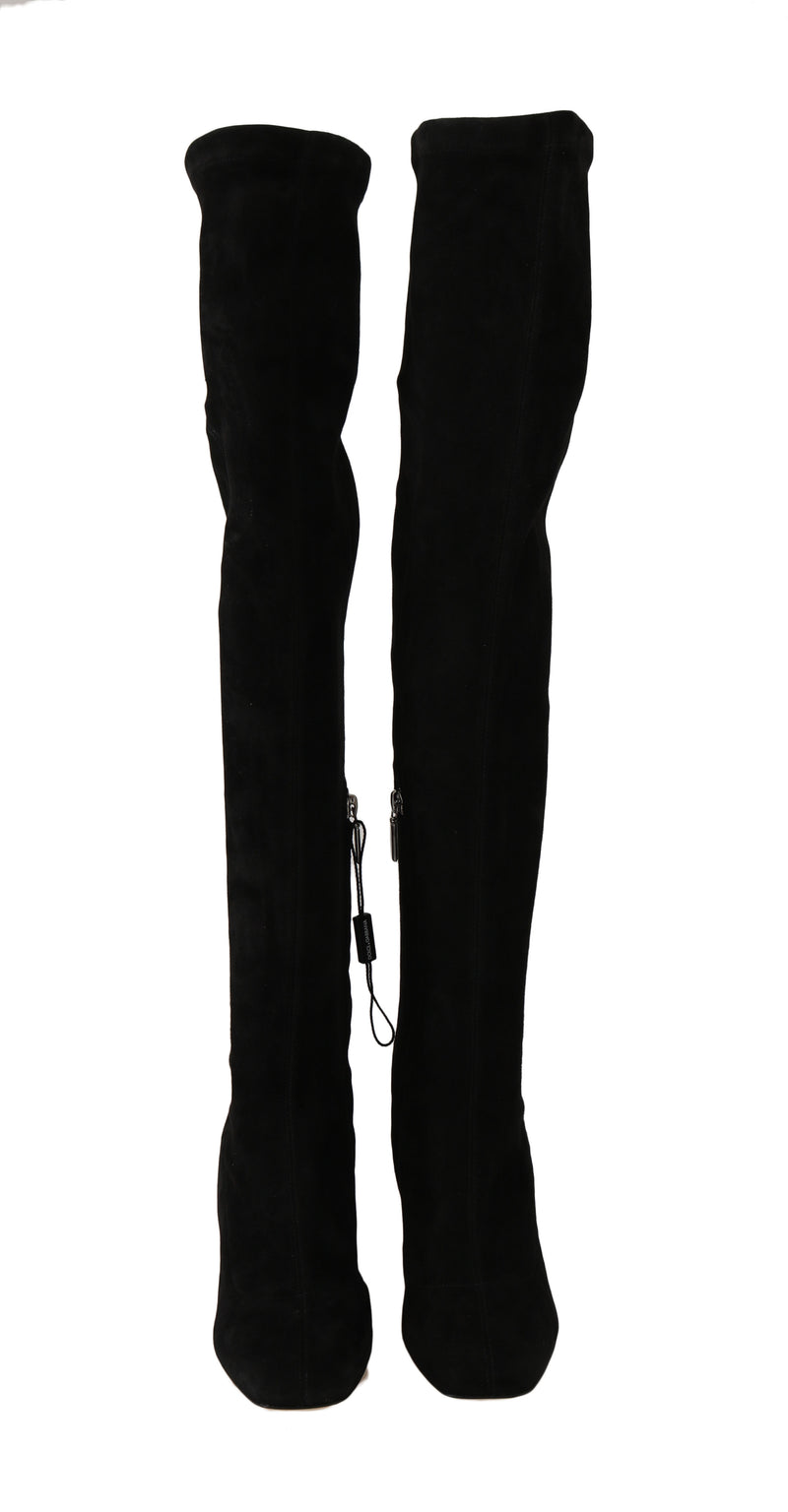 Black Suede Leather Over Knee Boots