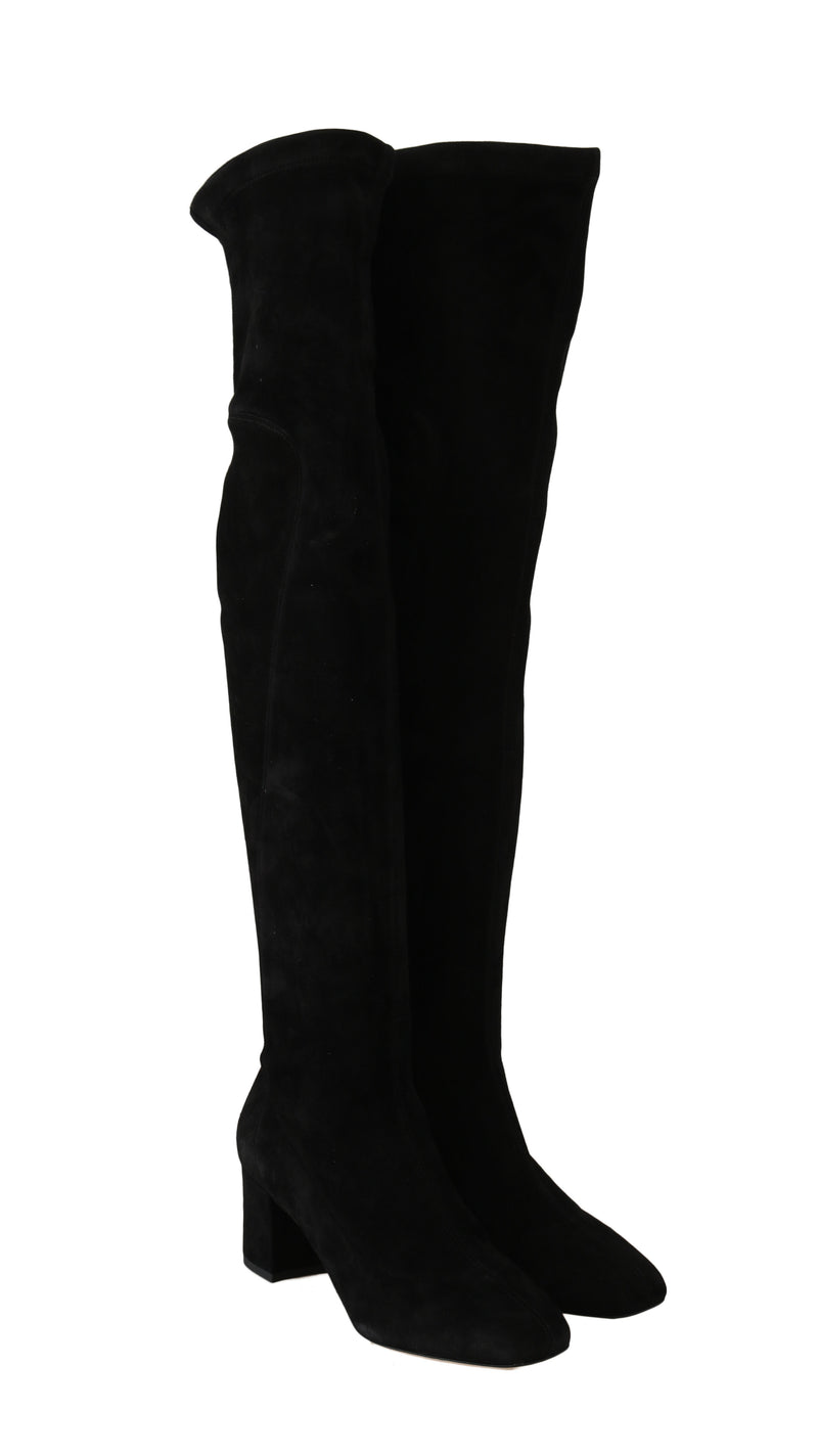 Black Suede Leather Over Knee Boots