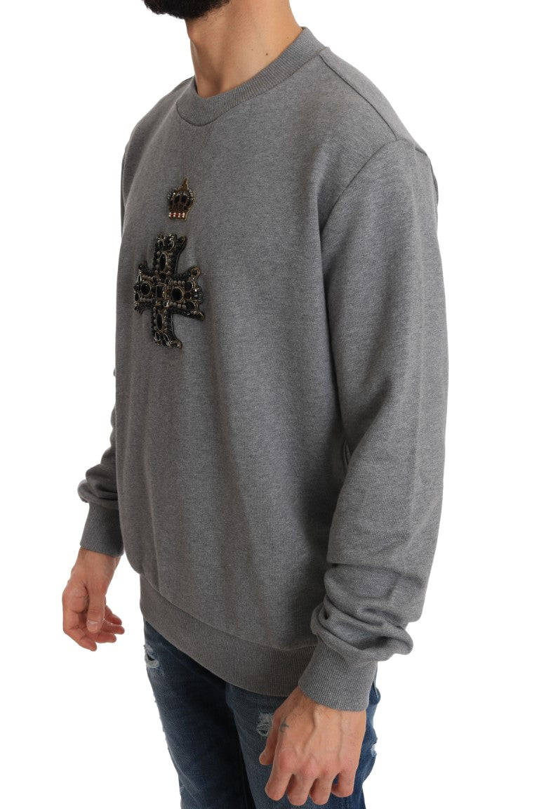 Gray Cotton Crystal Cross Crown Sweater