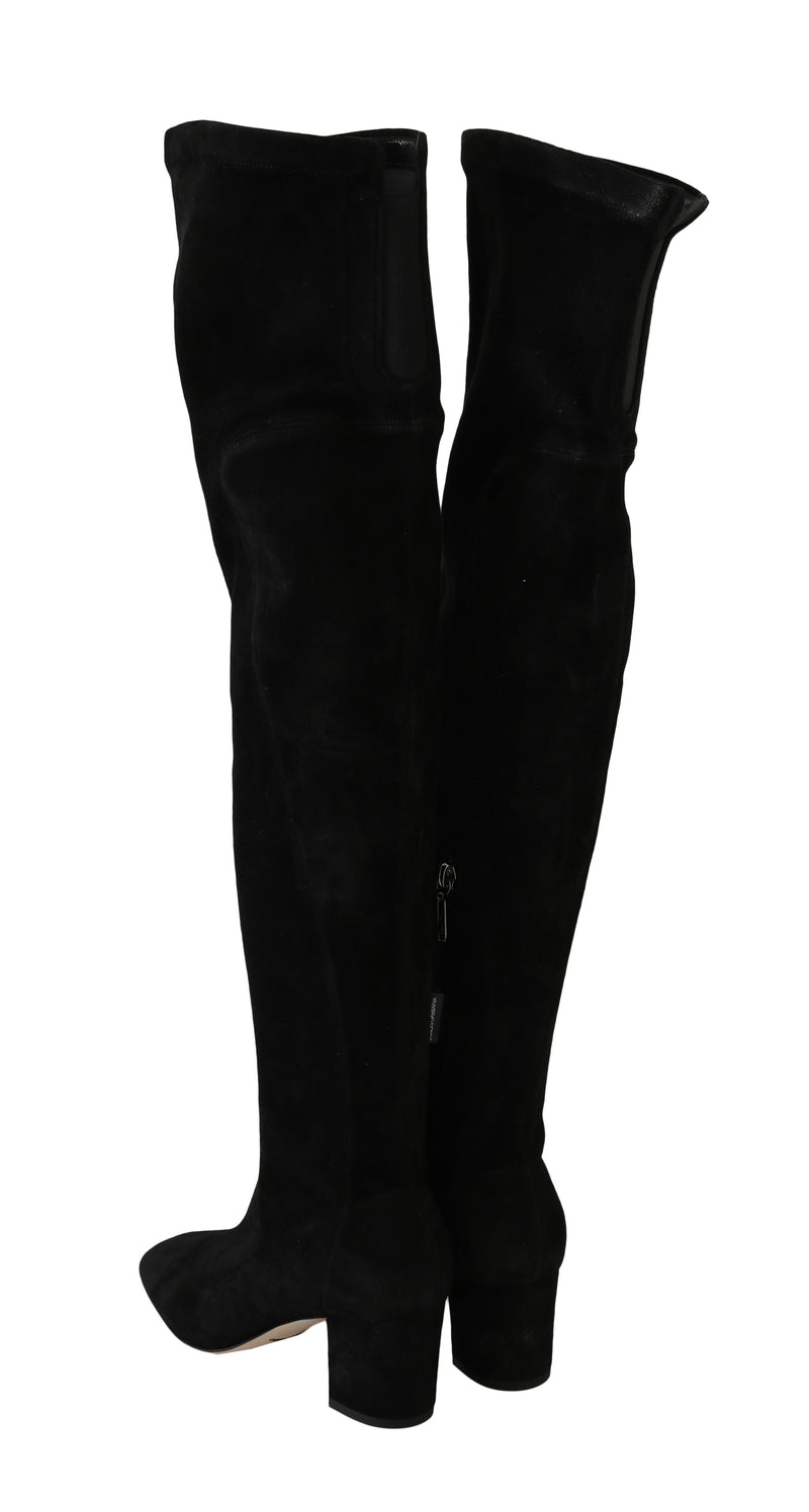 Black Suede Leather Over Knee Boots