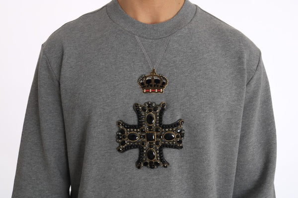 Gray Cotton Crystal Cross Crown Sweater