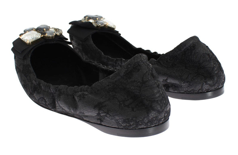 Black Taormina Lace Crystal Ballerina Flat Shoes