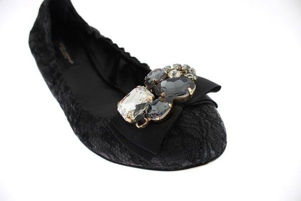 Black Taormina Lace Crystal Ballerina Flat Shoes
