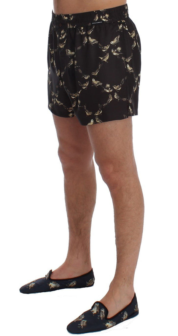 Brown Bird Print SILK Pajama Shorts