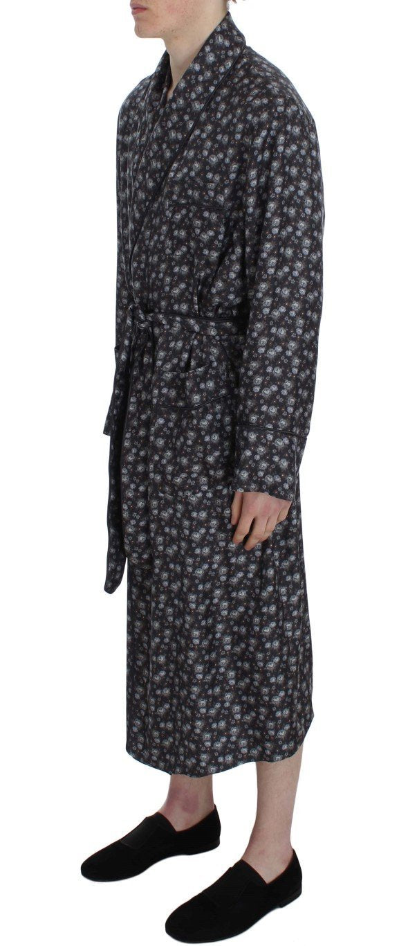 Brown Floral Print Silk Sleepwear Robe