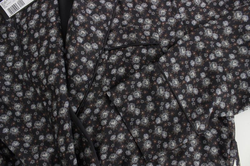Brown Floral Print Silk Sleepwear Robe
