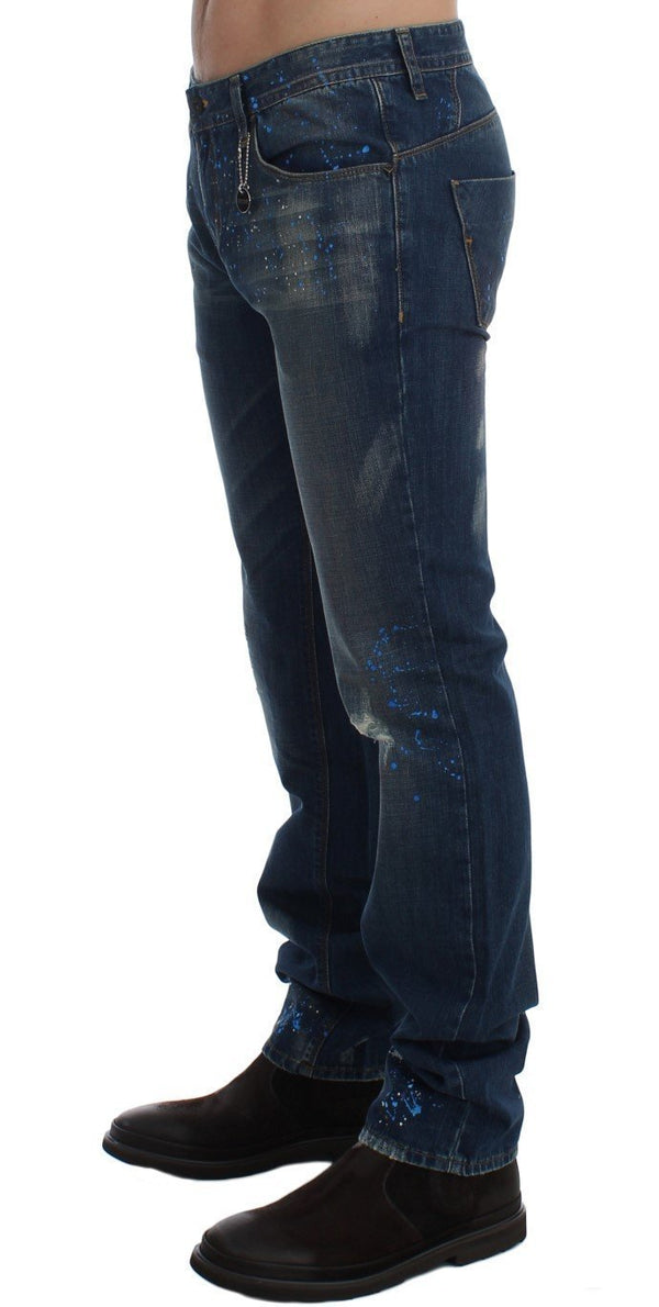 Blue Wash Paint Slim Fit Pants Jeans