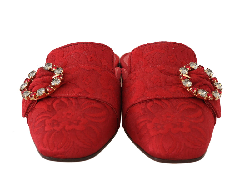 Red Jacquard Crystal Floral Mules
