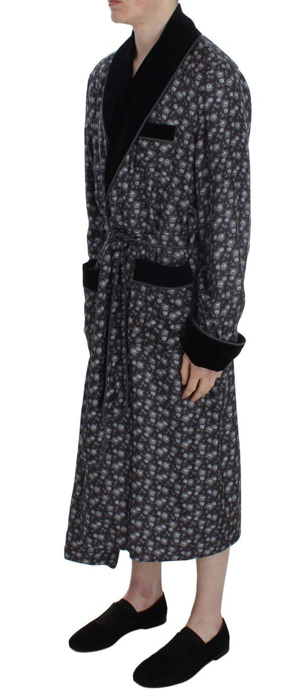 Gray Floral Print Silk Sleepwear Robe