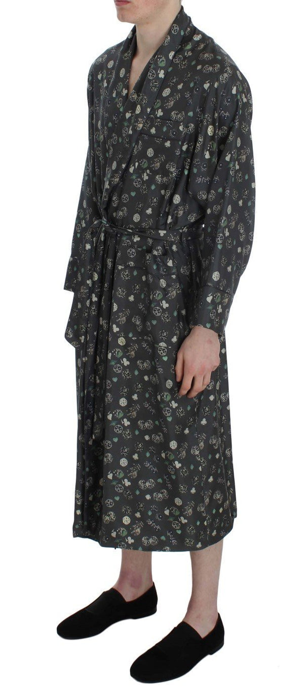 Green Dice Card Print Silk Sleepwear Robe