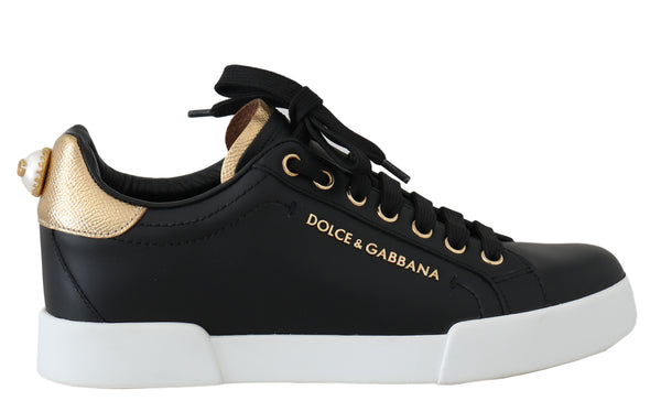 Black Leather Gold Logo Pearl Sneakers