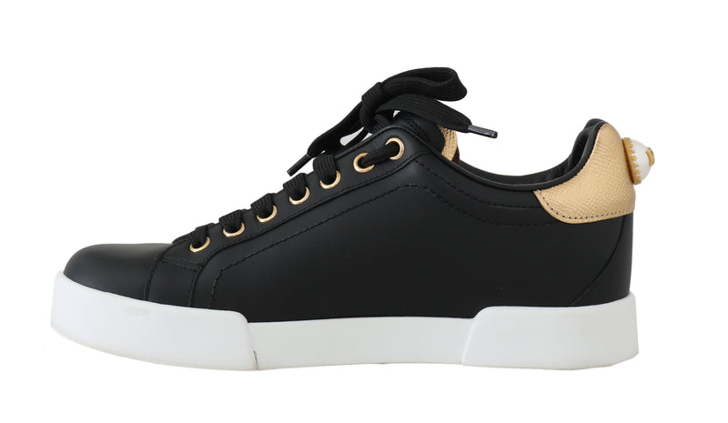 Black Leather Gold Logo Pearl Sneakers