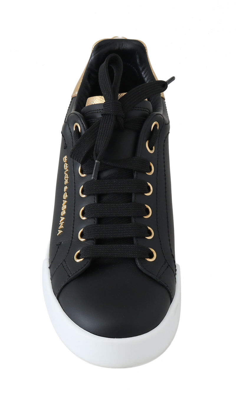 Black Leather Gold Logo Pearl Sneakers