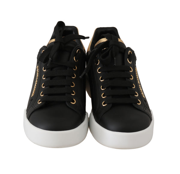Black Leather Gold Logo Pearl Sneakers