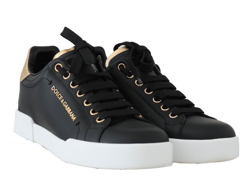 Black Leather Gold Logo Pearl Sneakers