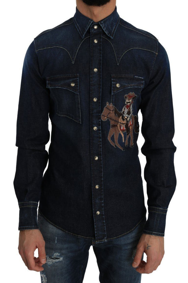 Blue Denim GOLD Slim Fit Horse Cowboy Shirt