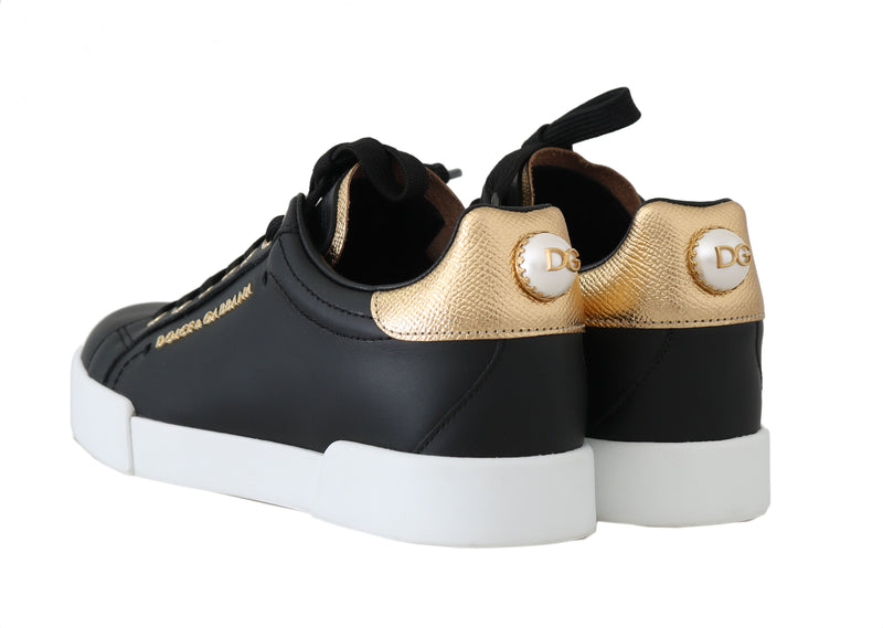 Black Leather Gold Logo Pearl Sneakers