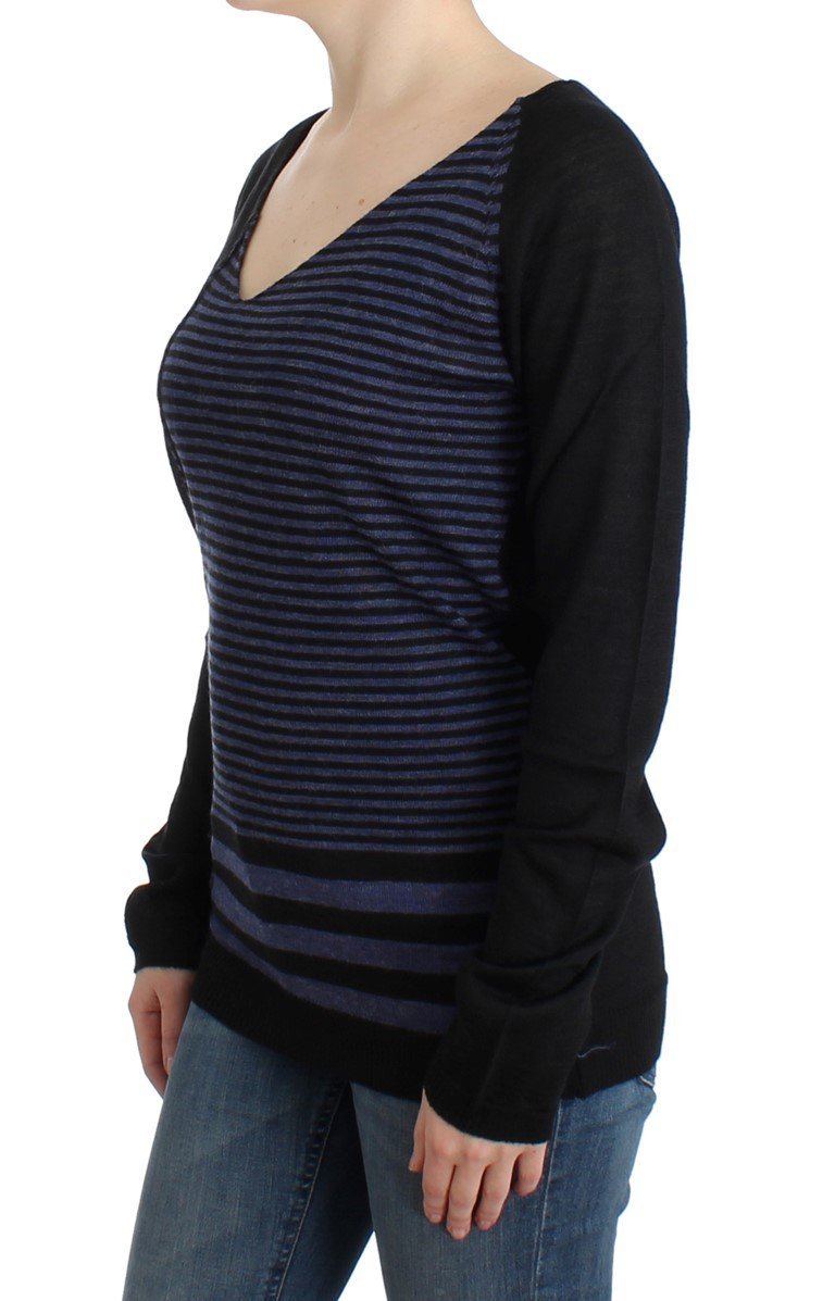 Black striped V-neck sweater