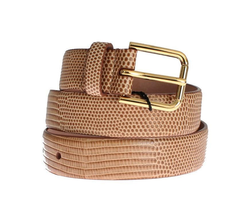 Brown Snakeskin Gold Buckle Logo Waist Belt