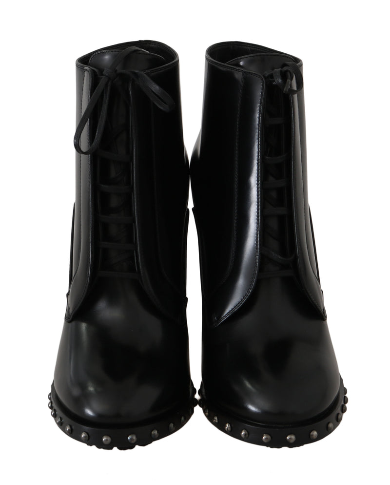 Black Leather Studded Heels Booties