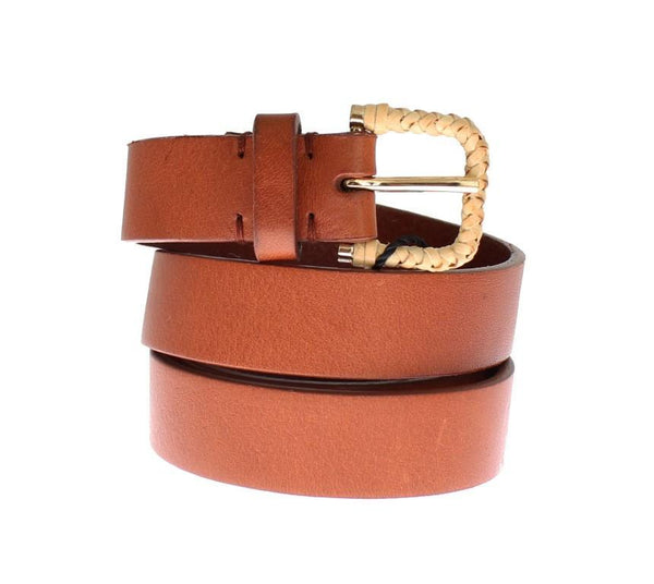 Brown Leather Gold Buckle Logo Waist Belt