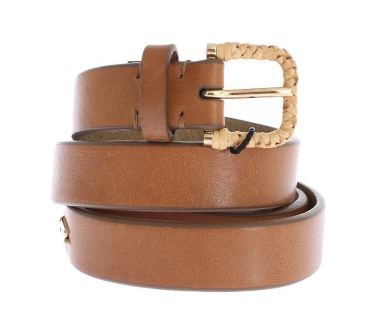 Brown Leather Gold Buckle Logo Waist Belt