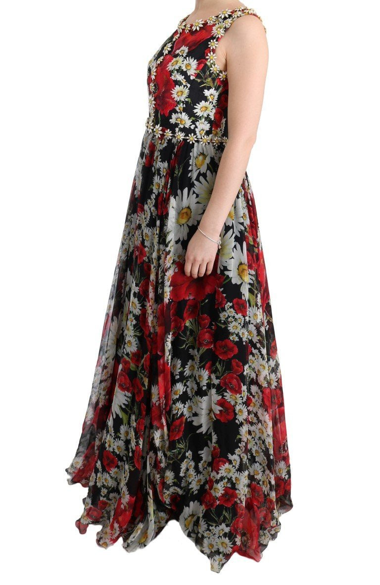 Multicolor Silk Floral Crystal Long Maxi Dress