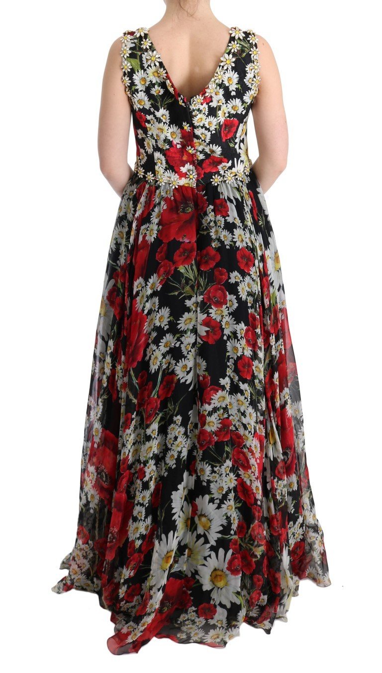 Multicolor Silk Floral Crystal Long Maxi Dress