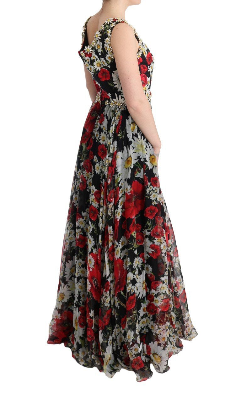 Multicolor Silk Floral Crystal Long Maxi Dress