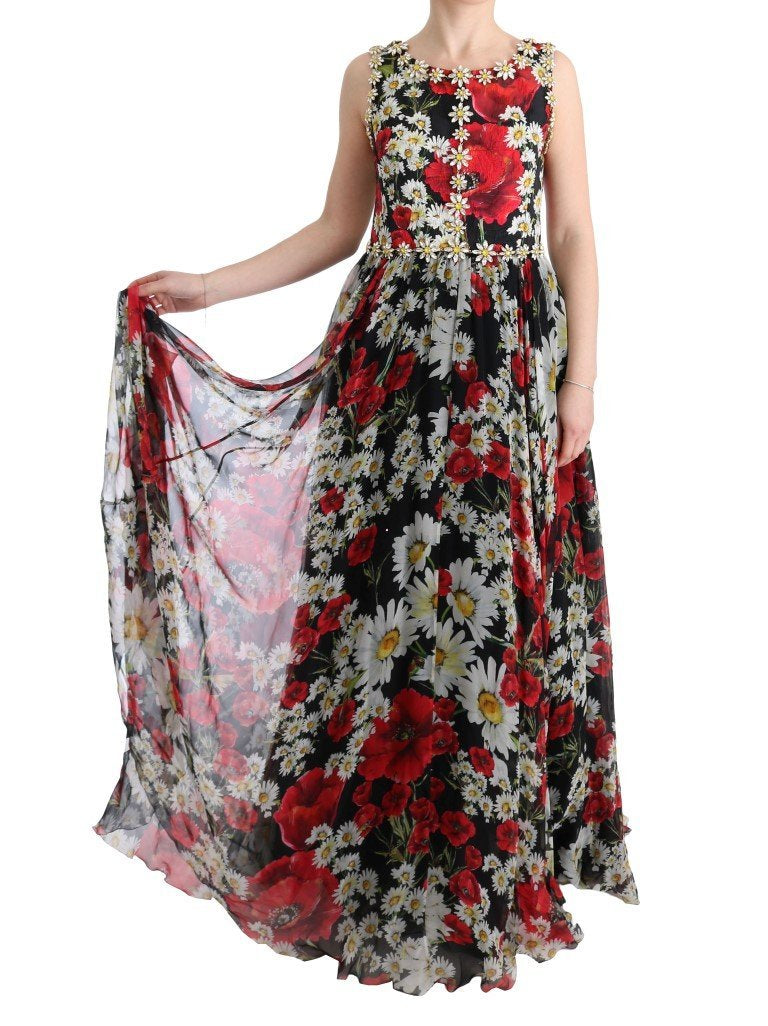 Multicolor Silk Floral Crystal Long Maxi Dress