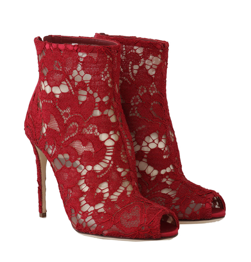Red Leather Cotton Lace Ankle Booties