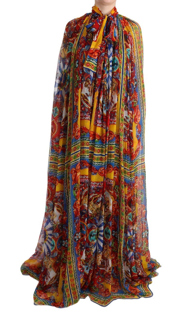 Multicolor Silk Carretto Cape Kaftan Tunic Long Dress