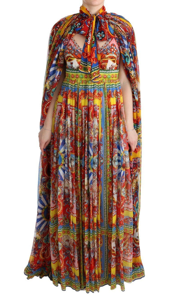 Multicolor Silk Carretto Cape Kaftan Tunic Long Dress