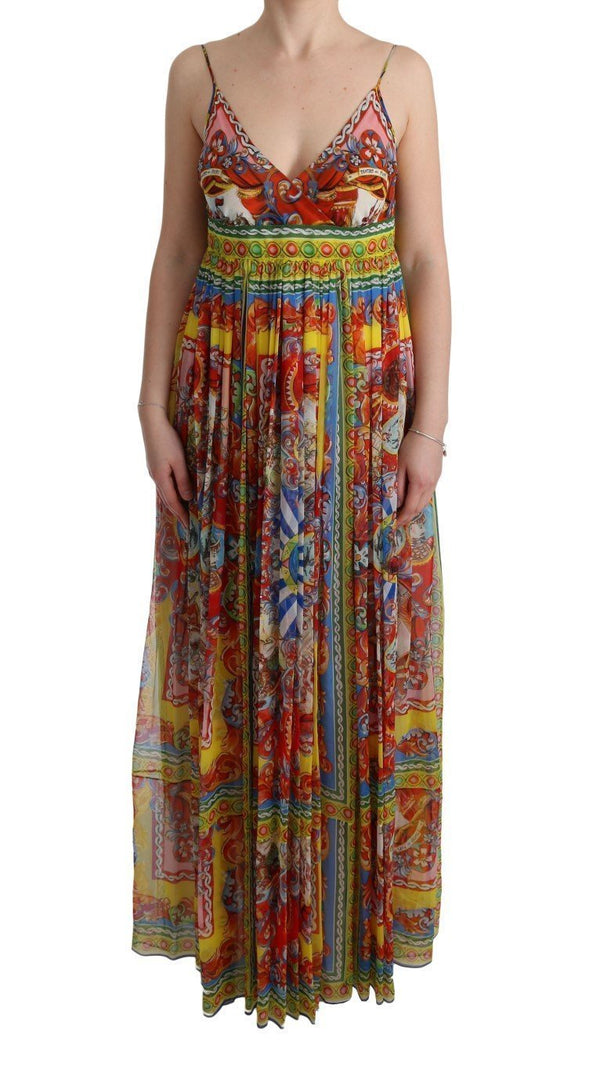 Multicolor Silk Carretto Print Long Maxi Dress