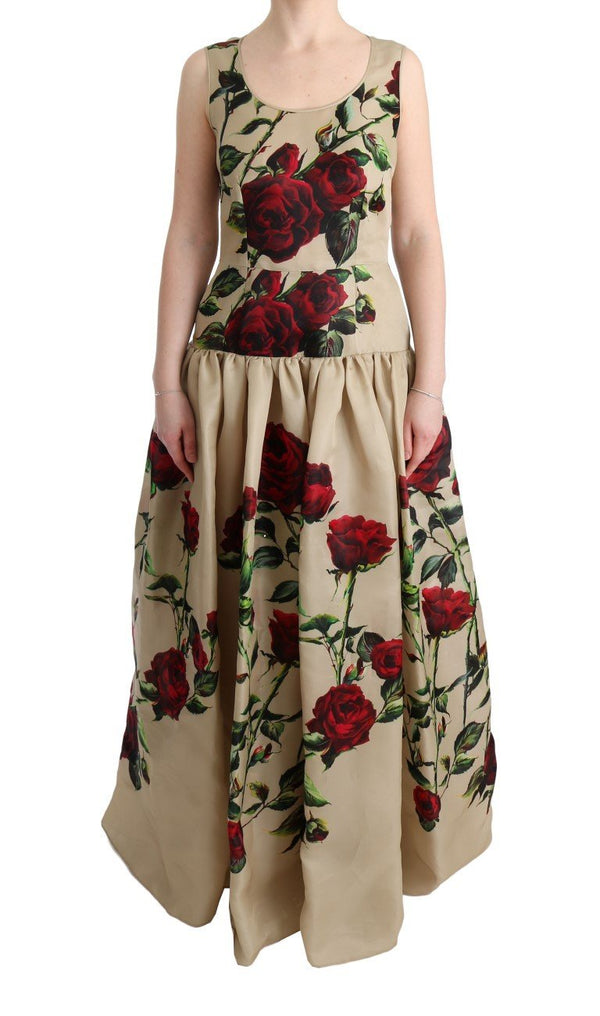 Beige Roses Silk Gown Maxi Shift Dress