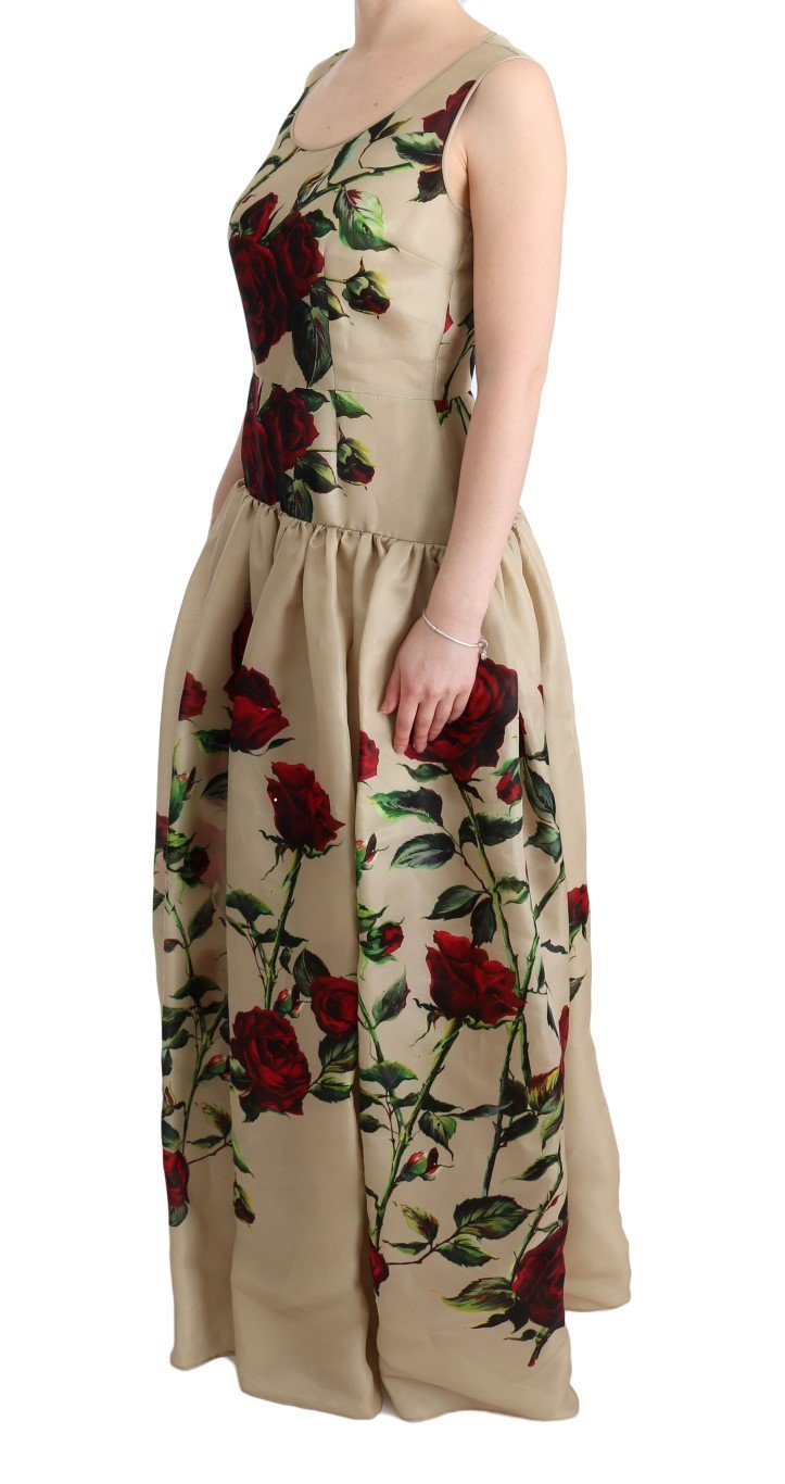 Beige Roses Silk Gown Maxi Shift Dress