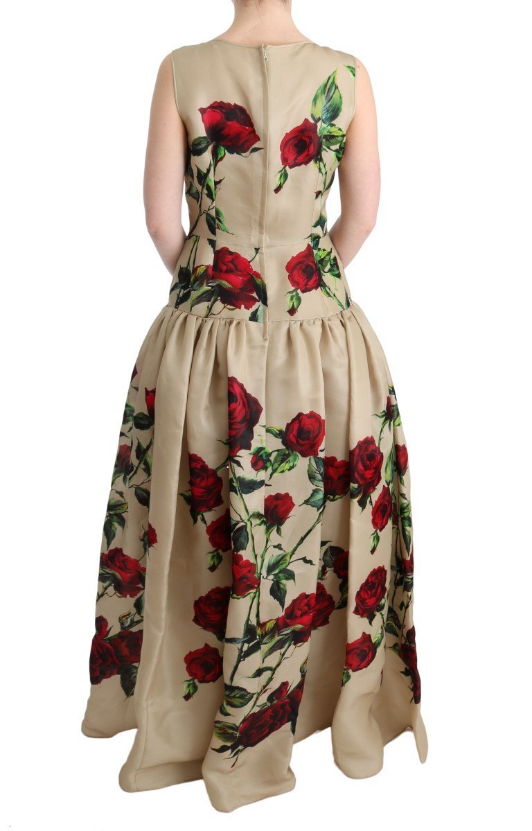 Beige Roses Silk Gown Maxi Shift Dress