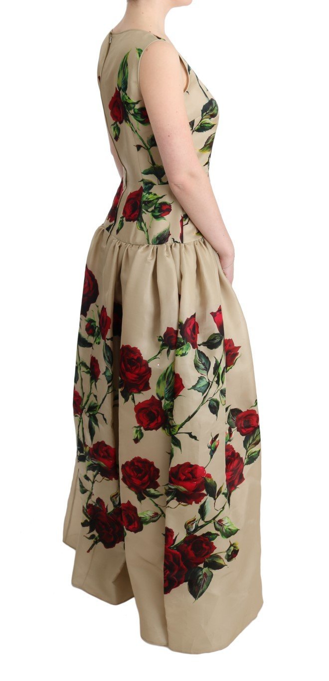 Beige Roses Silk Gown Maxi Shift Dress