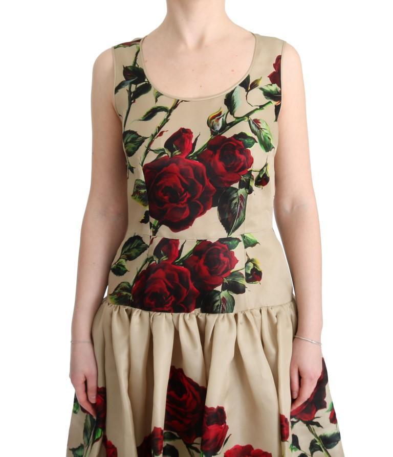 Beige Roses Silk Gown Maxi Shift Dress