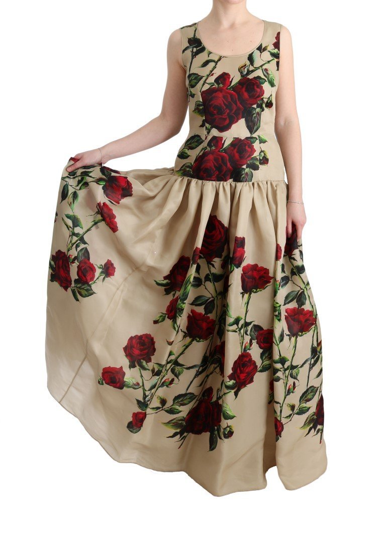 Beige Roses Silk Gown Maxi Shift Dress