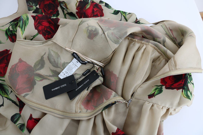 Beige Roses Silk Gown Maxi Shift Dress