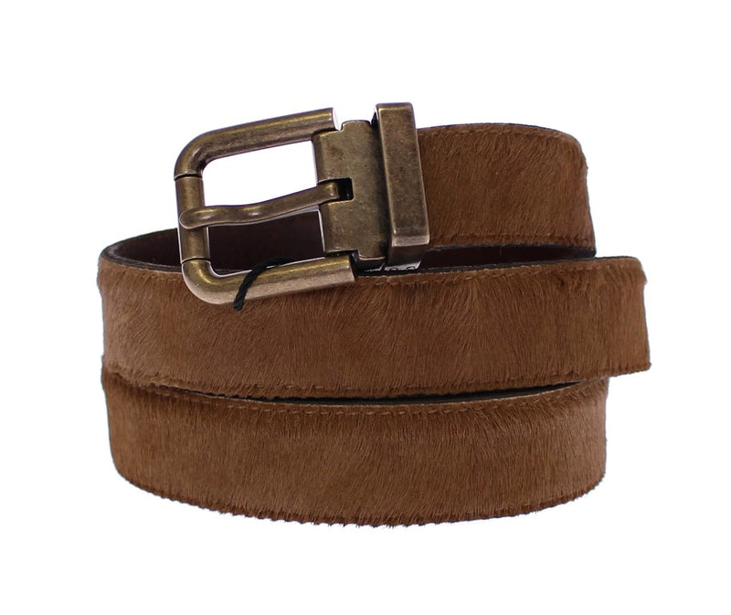 Brown Fur Leather Logo Belt