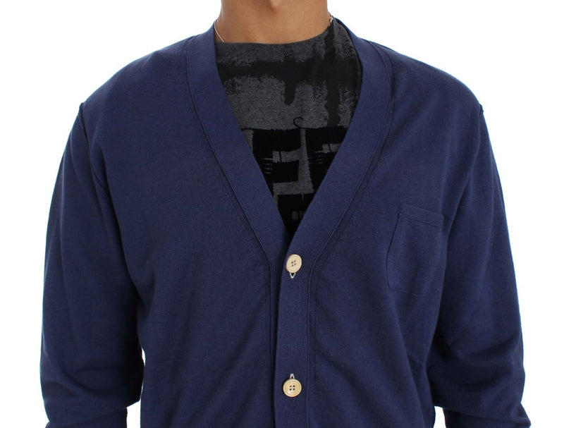 Blue Linen Cotton Full Button Cardigan Sweater