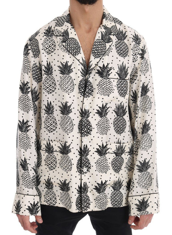 White Silk Pineapple Print Casual Shirt