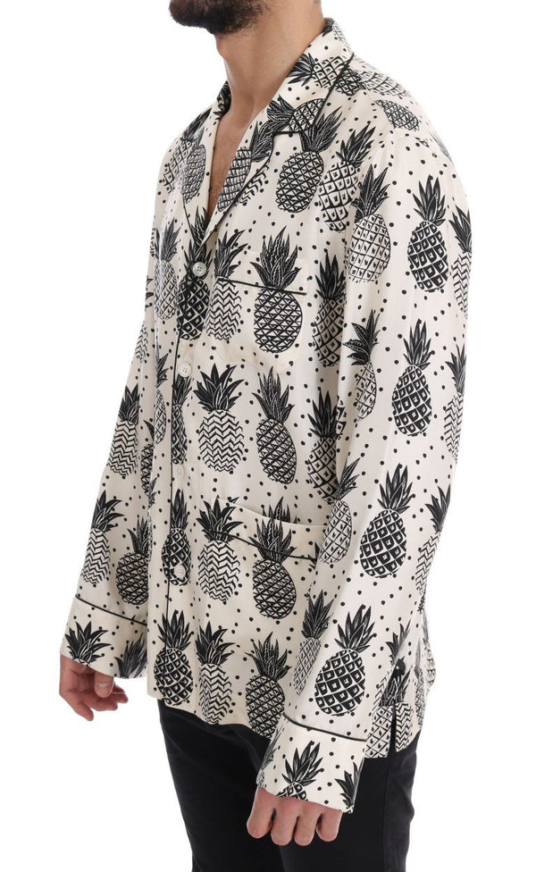 White Silk Pineapple Print Casual Shirt