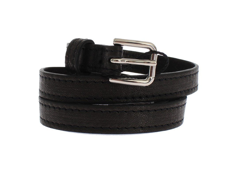 Black Leather Silver Buckle Logo Belt